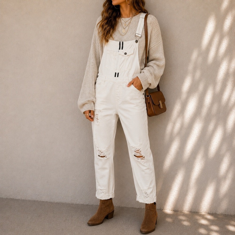 White Summer Distressed Denim Overalls Womens XS Boho Casual Coastal Clean Girl - Picture 13 of 13